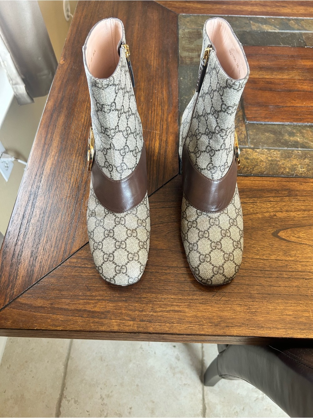 Gucci Beige GG Supreme Canvas and Brown Leather Ankle Boots. Size 40